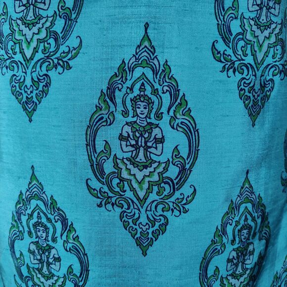 Vintage 60s Novelty Budda Print Cocktail Dress Size 2 Blue Silk Empire Waist - Picture 8 of 15